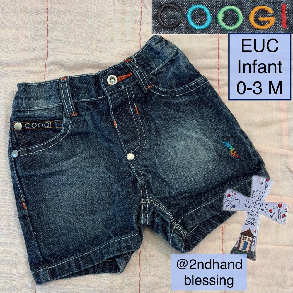 EUC COOGI Baby Denim Shorts Sz 0-3 Months, Dark Wash Distressed Blue Jean Shorts